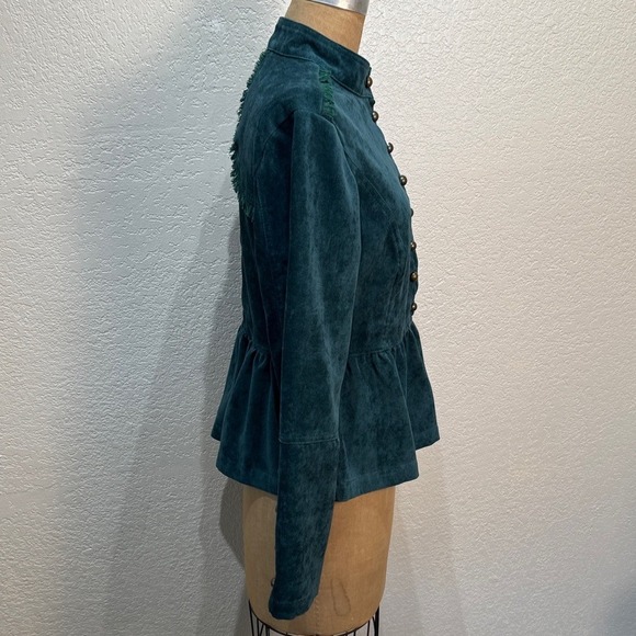 Live A Little Women's Small Teal‎ Suede Ruffle Gold Long Sleeve Button-Up Top - Picture 6 of 10